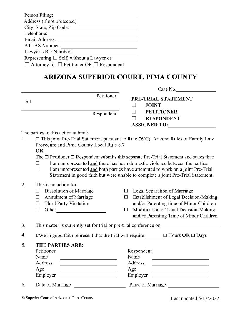 Pre Trial Statement | Pdf Fpdf Doc Docx | Arizona