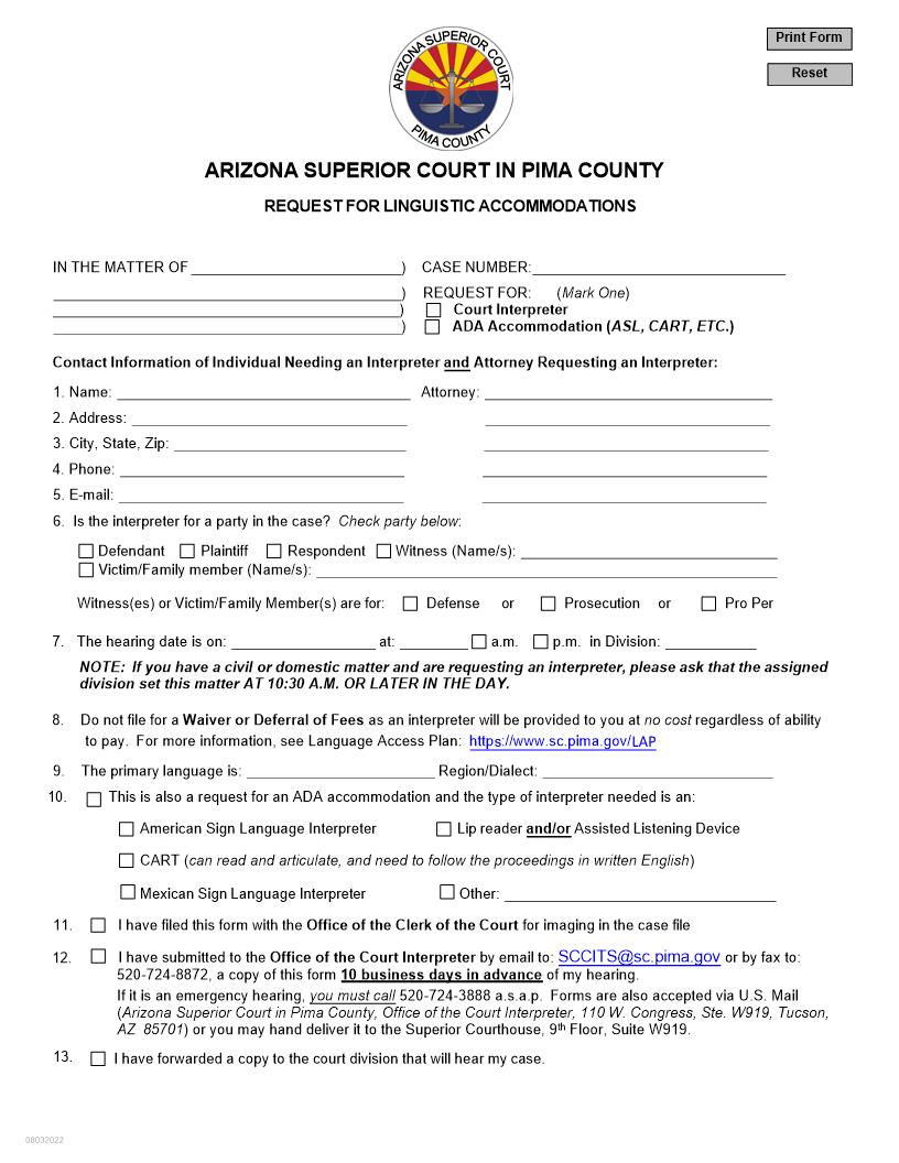 Request For Linguistic Accomodations | Pdf Fpdf Docx | Arizona