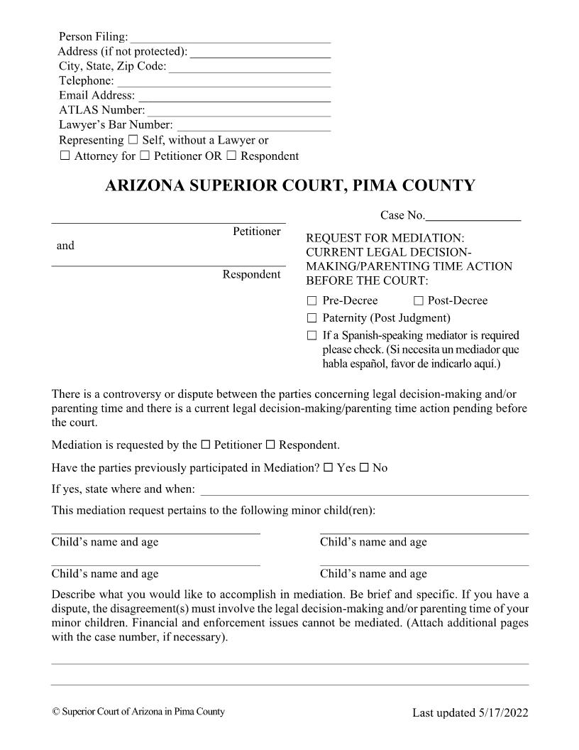 Request For Mediation Current Action Before The Court | Pdf Fpdf Doc Docx | Arizona