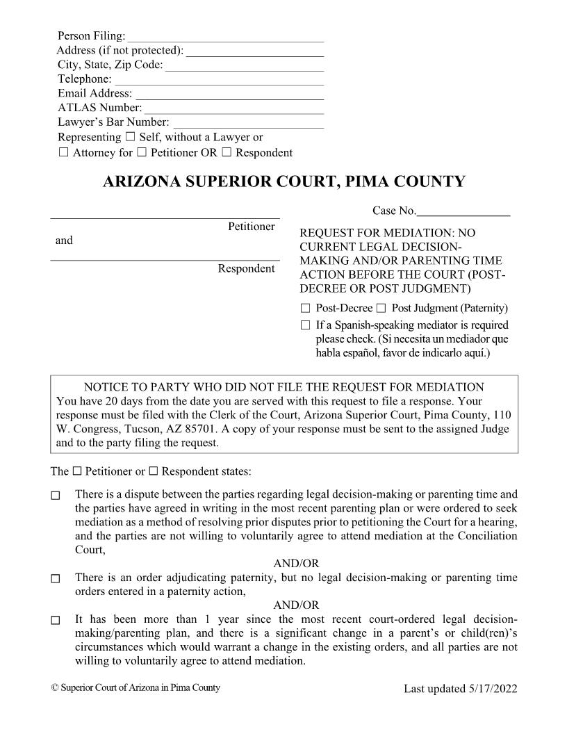 Request For Mediation No Current Action Before The Court | Pdf Fpdf Doc Docx | Arizona