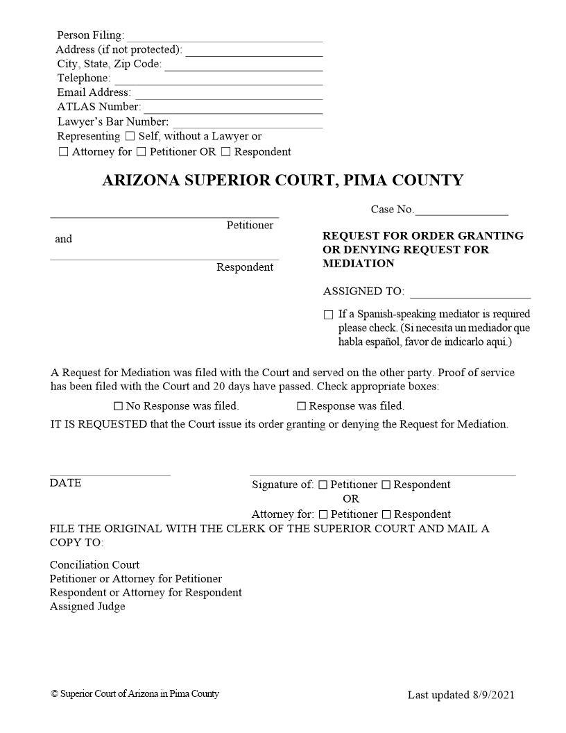 Request For Order Granting Or Denying Request For Mediation | Pdf Fpdf Doc Docx | Arizona