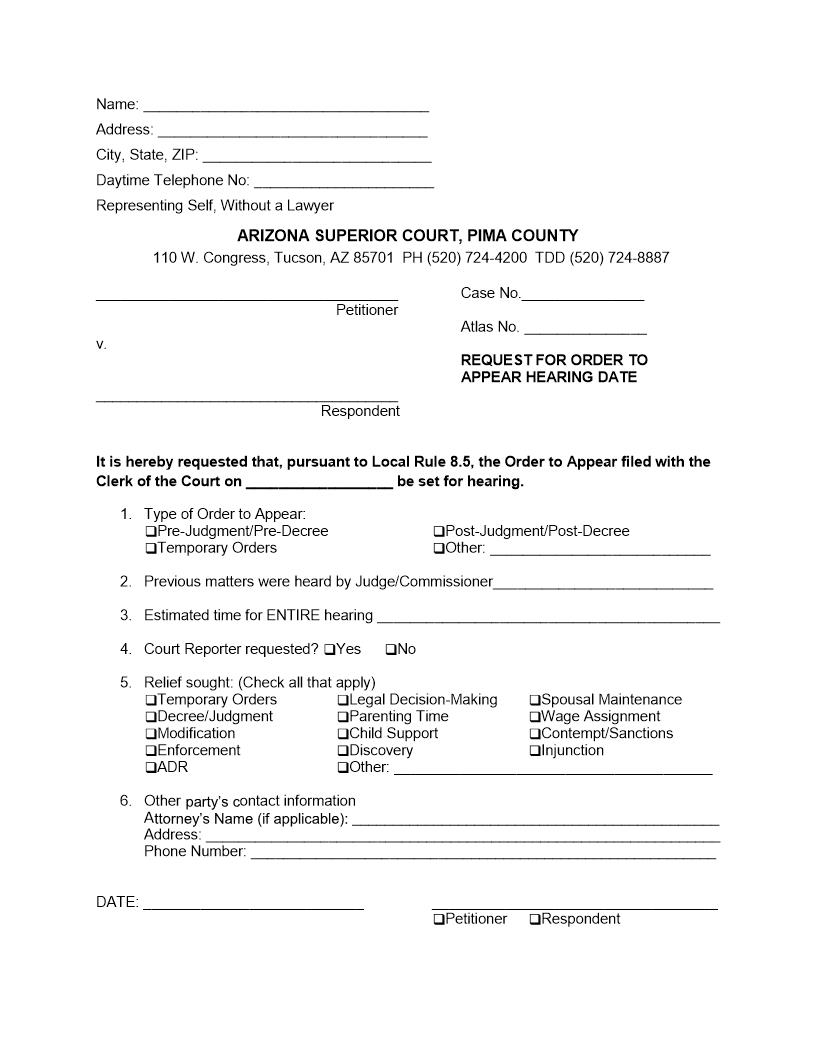 Request For Order To Appear Hearing Date | Pdf Fpdf Doc Docx | Arizona