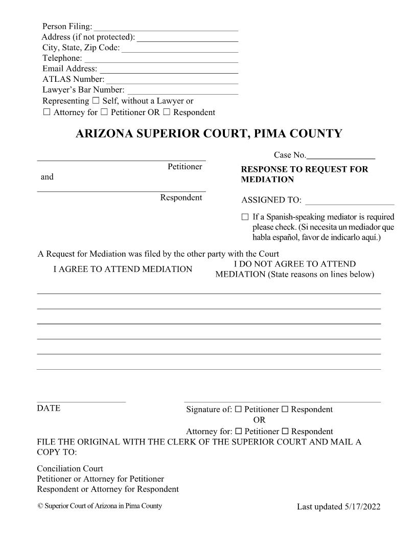 Response To Request For Mediation | Pdf Fpdf Docx | Arizona