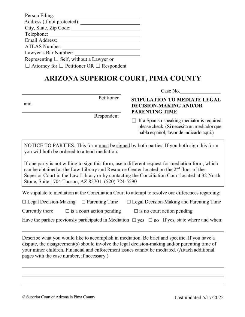 Stipulation To Mediate Legal Decision Making | Pdf Fpdf Docx | Arizona