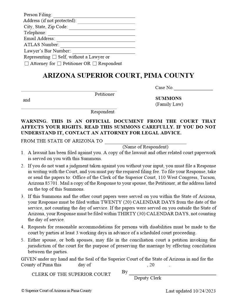 Summons Family Law | Pdf Fpdf Doc Docx | Arizona