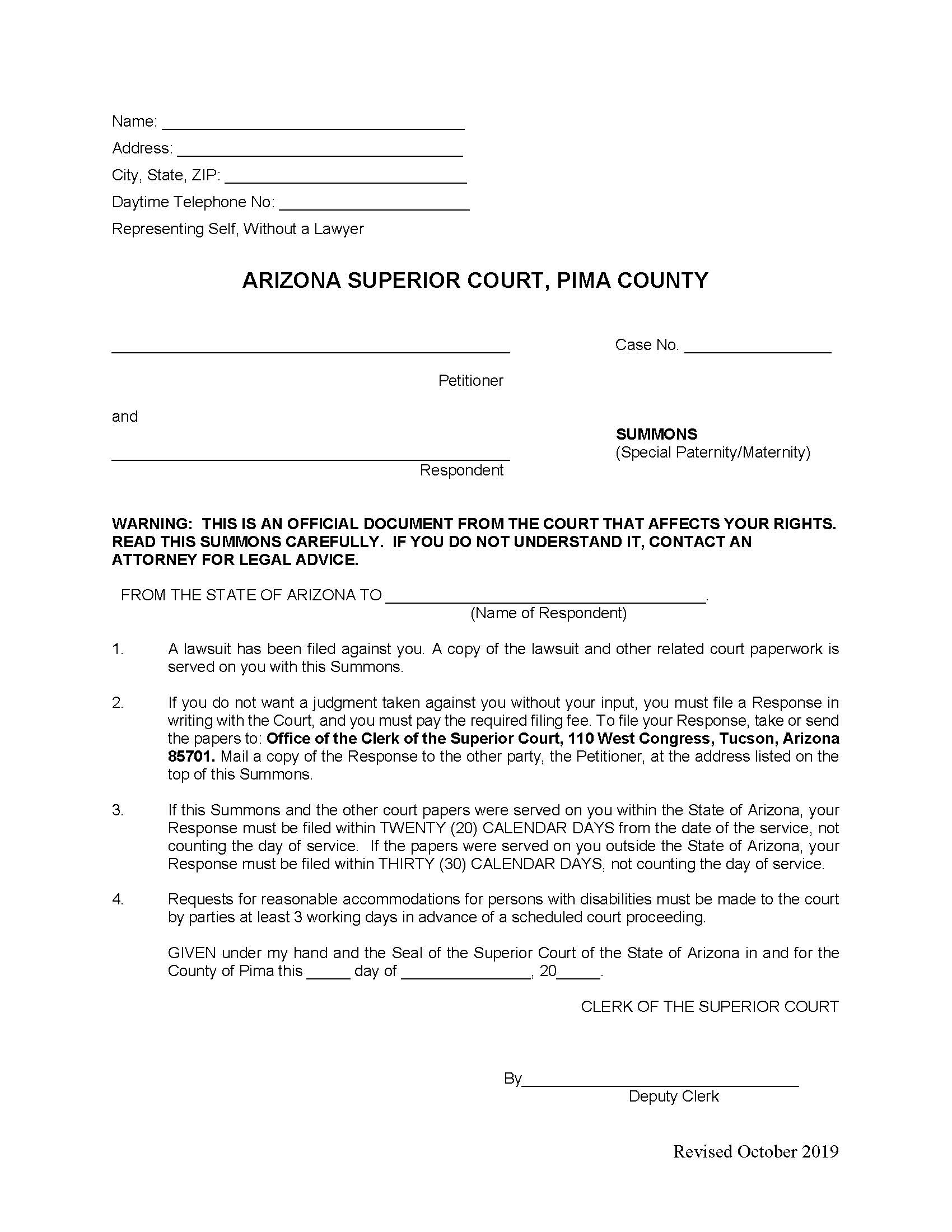 Summons Special Paternity Maternity | Pdf Fpdf Doc Docx | Arizona