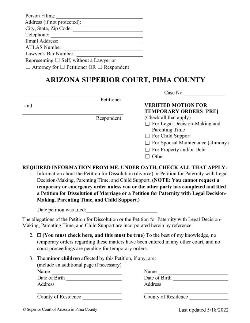 Verified Motion For Temporary Orders | Pdf Fpdf Doc Docx | Arizona