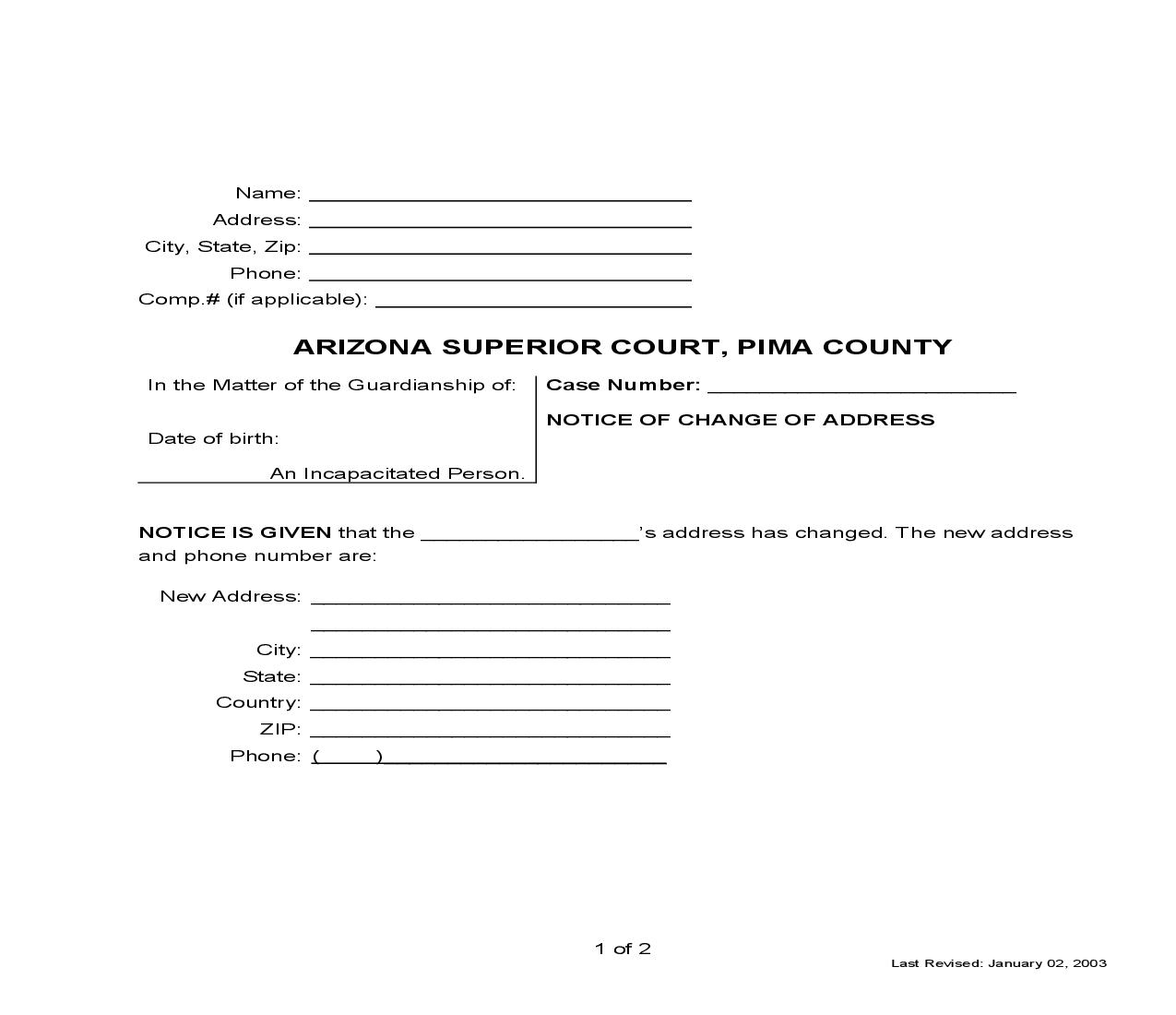 Notice Of Change Of Address (Of Guardian) | Pdf Fpdf Doc Docx | Arizona