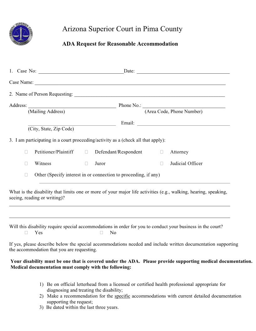 ADA Request For Reasonable Accomodation | Pdf Fpdf Doc Docx | Arizona
