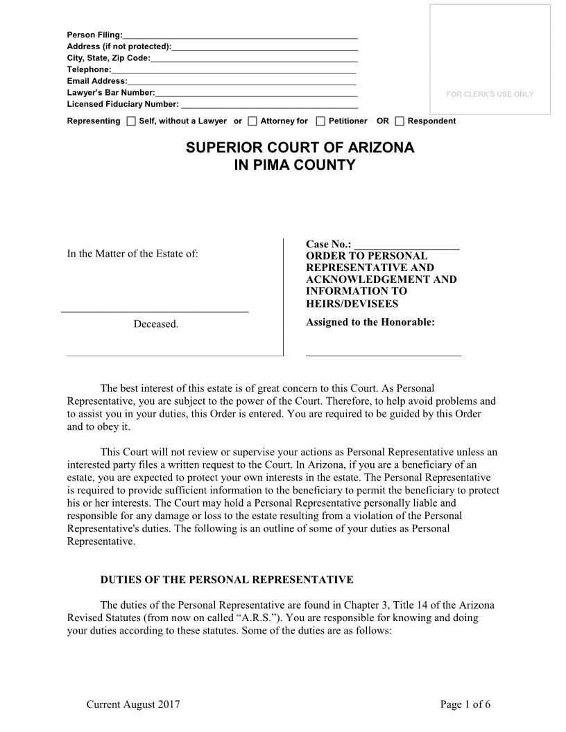 General Order To Personal Representative Acknowledgment And Information To Heirs And Devisees | Pdf Fpdf Doc Docx | Arizona