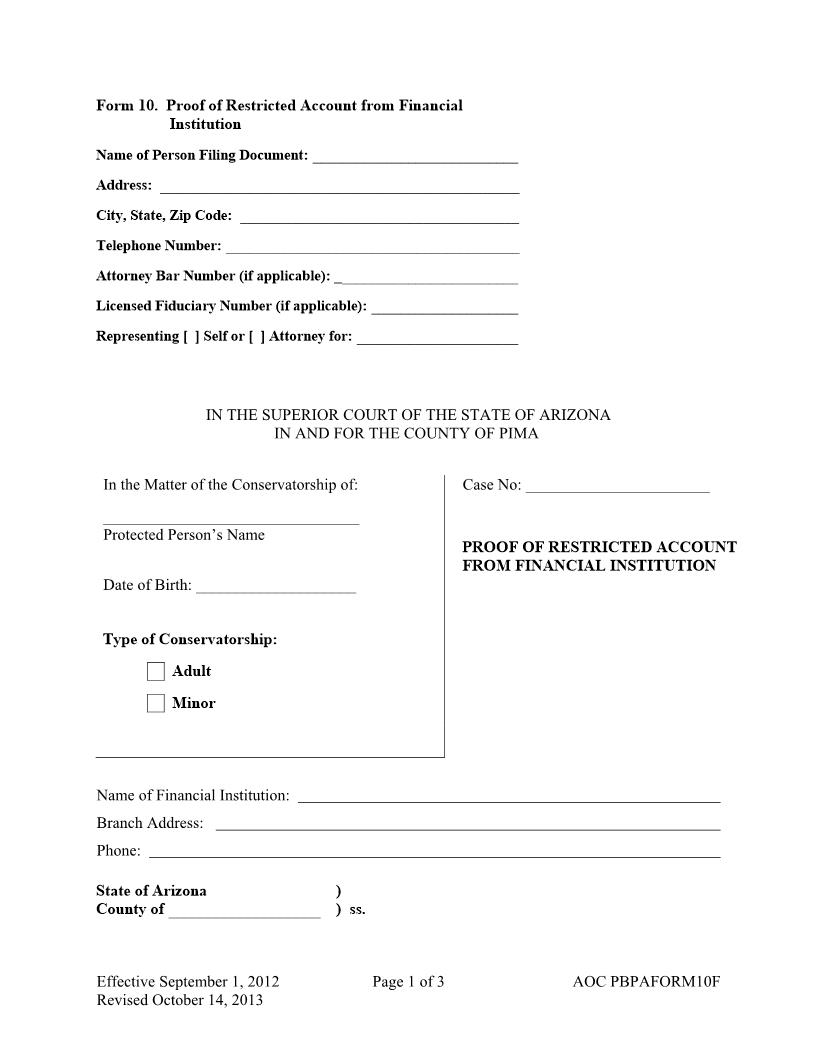 Proof Of Restricted Account From Financial Institution | Pdf Fpdf Doc Docx | Arizona
