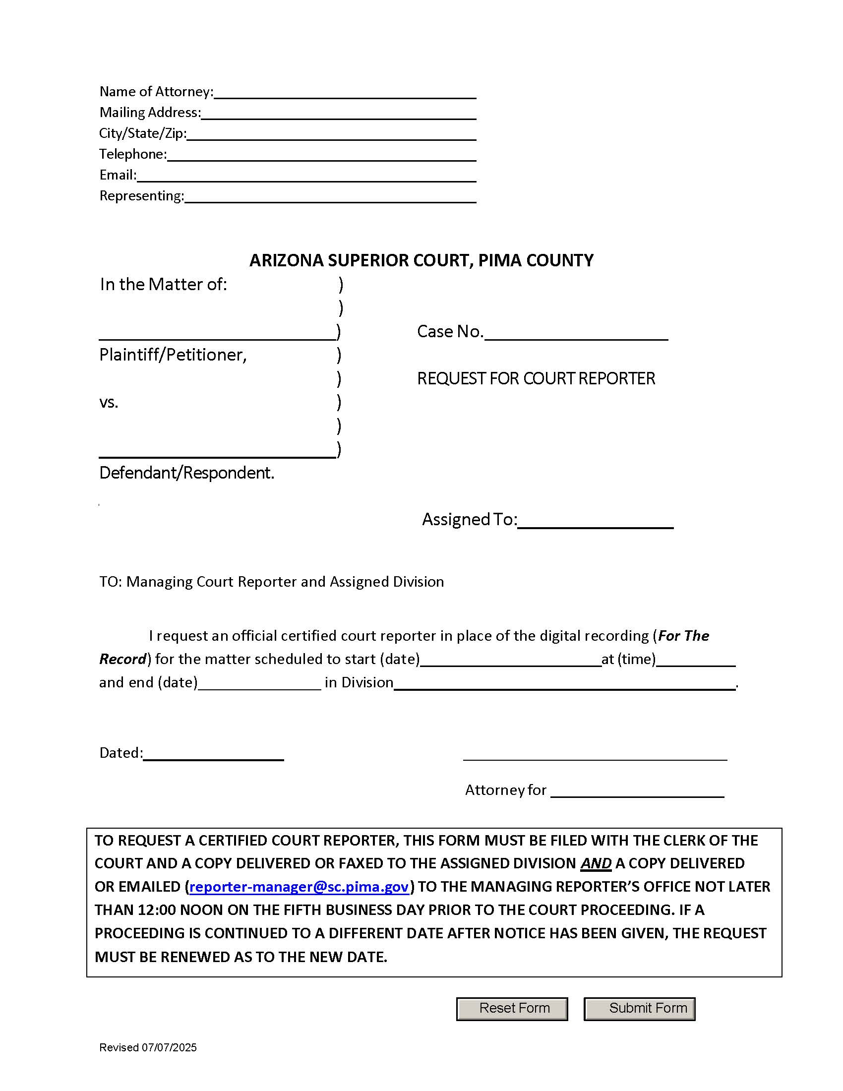 Request For Court Reporter | Pdf Fpdf Doc Docx | Arizona