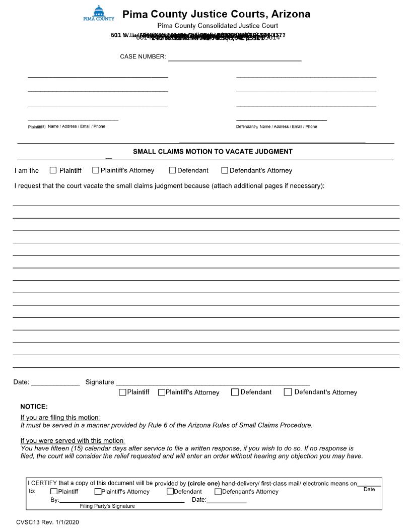 Small Claims Motion To Vacate Judgment {CVSC13} | Pdf Fpdf Docx | Arizona