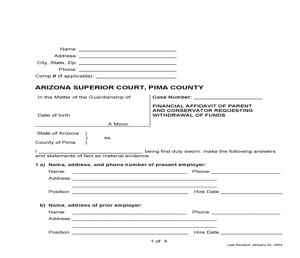 Financial Affidavit Of Parent And Conservator Requesting Withdrawal Of Funds | Pdf Fpdf Doc Docx | Arizona