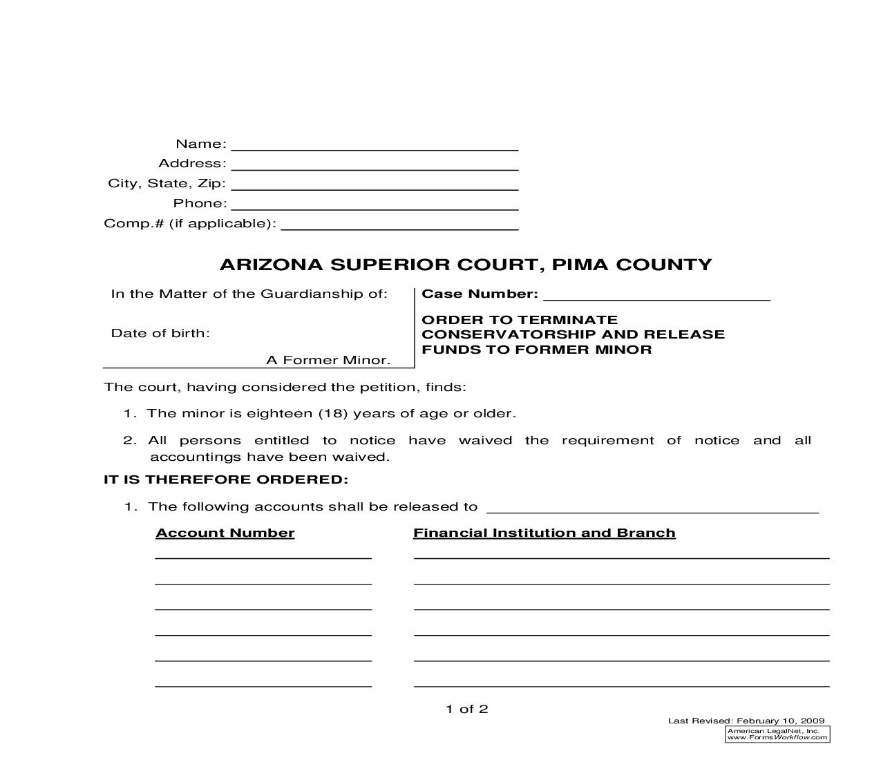 Order To Terminate Conservatorship And Release Funds To Former Minor | Pdf Fpdf Doc Docx | Arizona