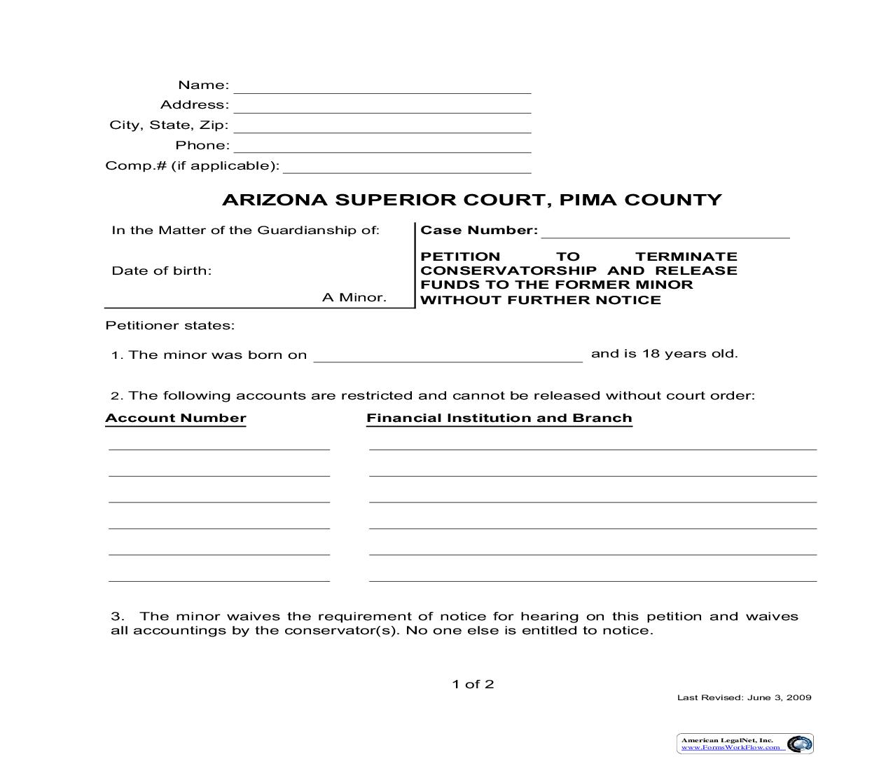 Petition To Terminate Conservatorship And Release Funds To Former Minor Without Further Notice | Pdf Fpdf Doc Docx | Arizona