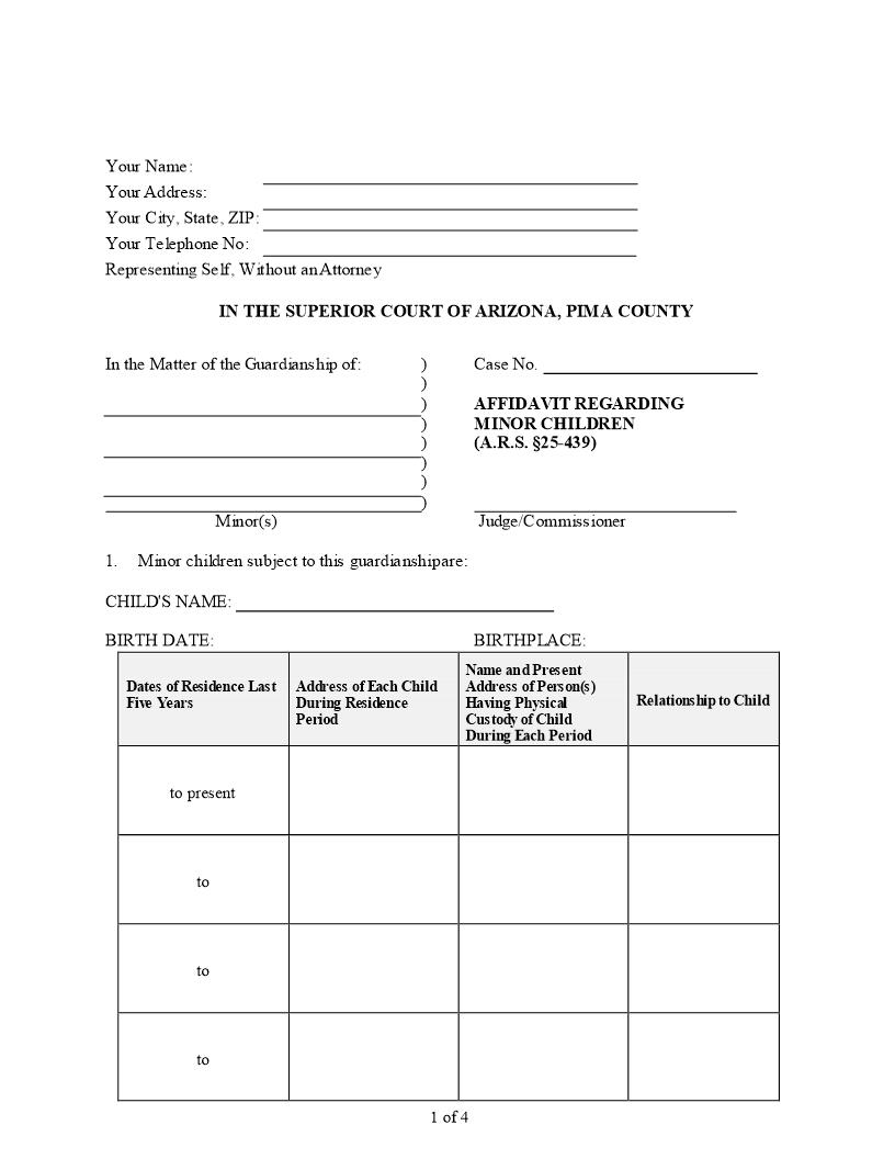 Affidavit Regarding Minor Child | Pdf Fpdf Doc Docx | Arizona