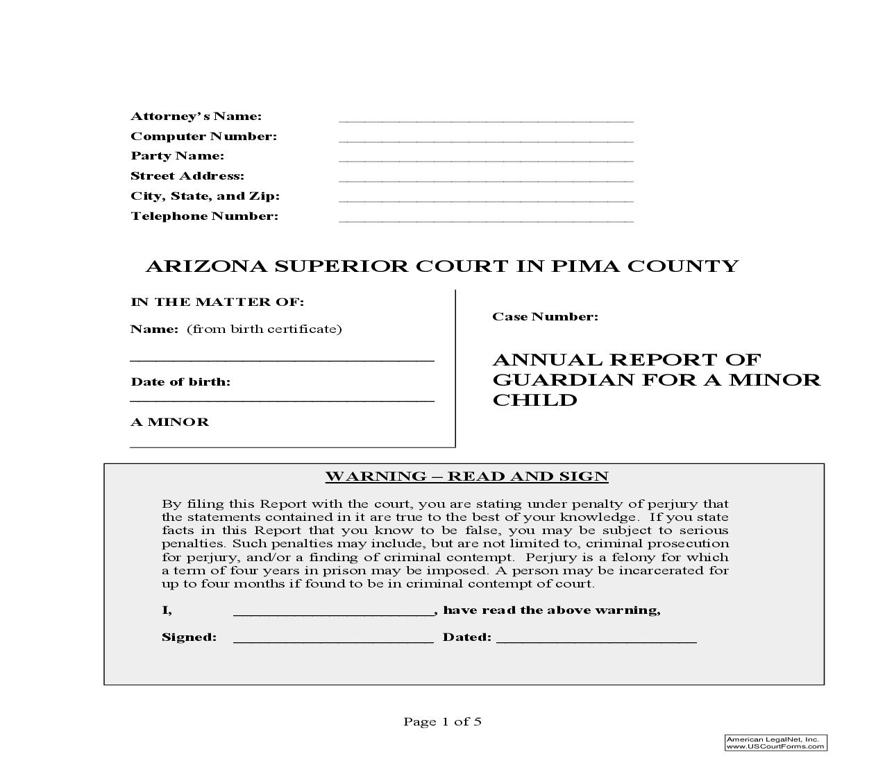 Annual Report Of Guardian For Minor Child | Pdf Fpdf Doc Docx | Arizona