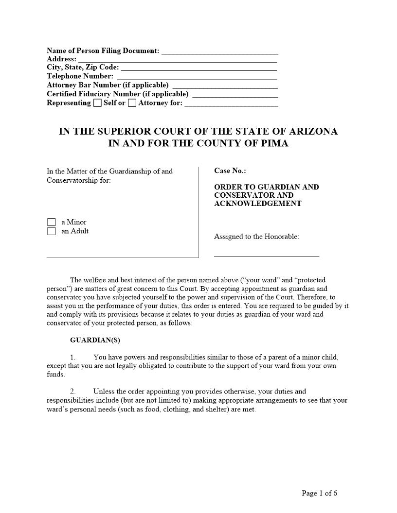 General Order To Guardian For Minor Child | Pdf Fpdf Doc Docx | Arizona
