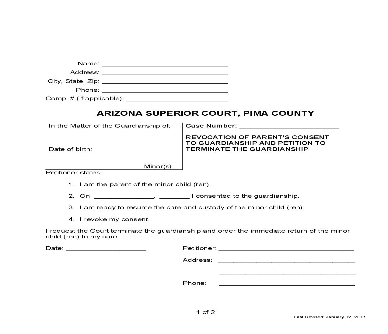 Revocation Of Parents Consent To Guardianship And Petition To Terminate Guardianship | Pdf Fpdf Doc Docx | Arizona