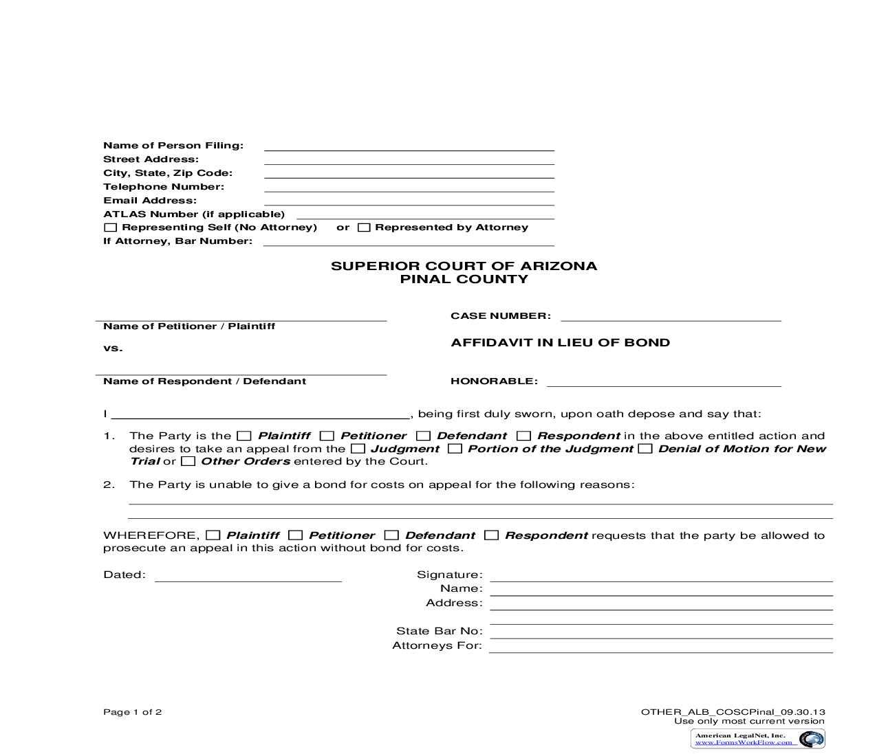 Affidavit In Lieu Of Bond | Pdf Fpdf Doc Docx | Arizona