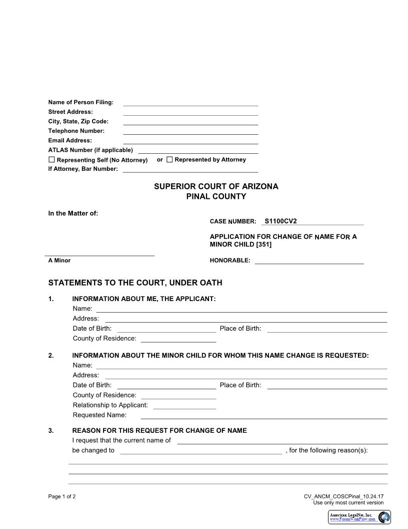 Application For Change Of Name For Minor Child | Pdf Fpdf Doc Docx | Arizona