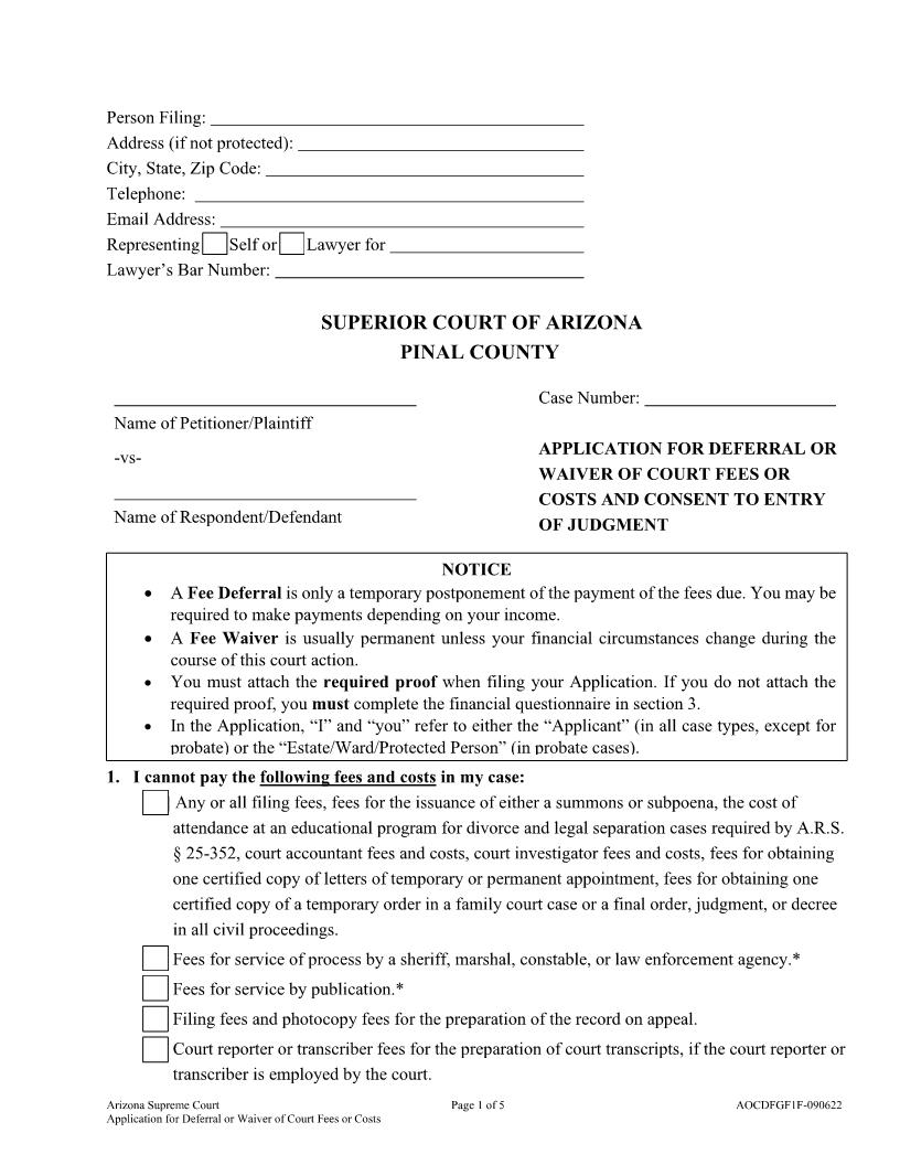 Application For Deferral Of Court Fees And Or Costs And Consent | Pdf Fpdf Docx | Arizona