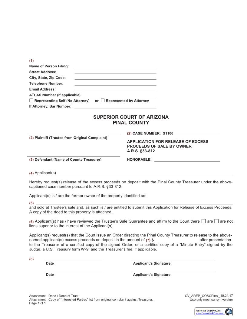 Application For Release Of Excess Proceeds Of Sale By Owner | Pdf Fpdf Docx | Arizona