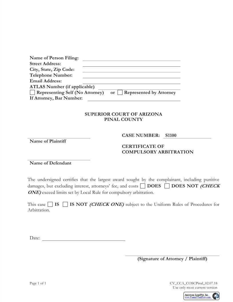 Certificate Of Compulsory Arbitration | Pdf Fpdf Docx | Arizona