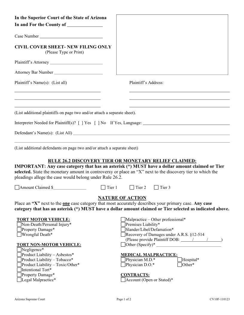 Civil Cover Sheet | Pdf Fpdf Docx | Arizona