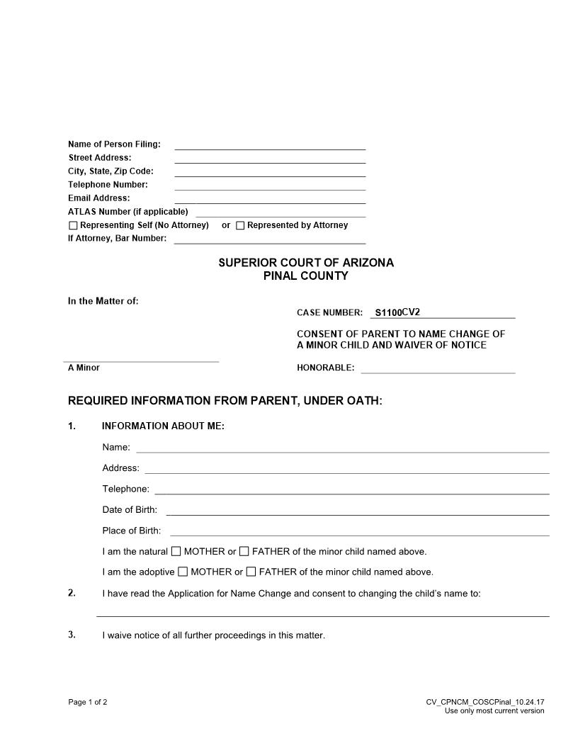 Consent Of Parent To Name Change Of Minor Child And Waiver Of Notice | Pdf Fpdf Doc Docx | Arizona