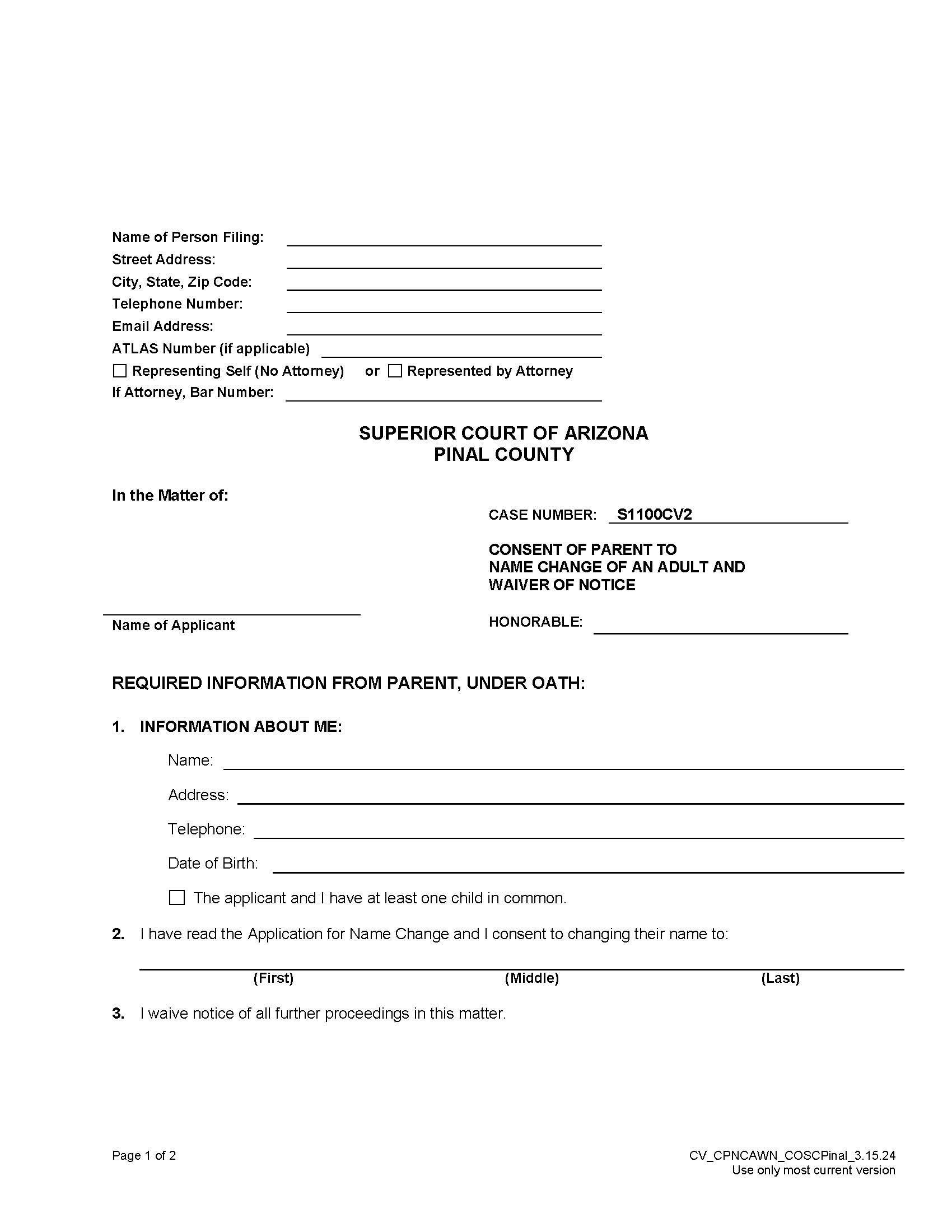 Consent Of Parent To Name Change Of Other Parent And Waiver Of Notice | Pdf Fpdf Doc Docx | Arizona