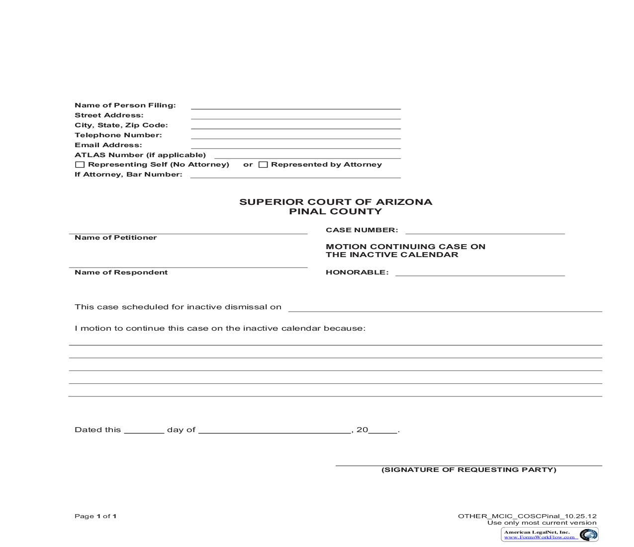 Motion Continuing Case On The Inactive Calendar | Pdf Fpdf Doc Docx | Arizona