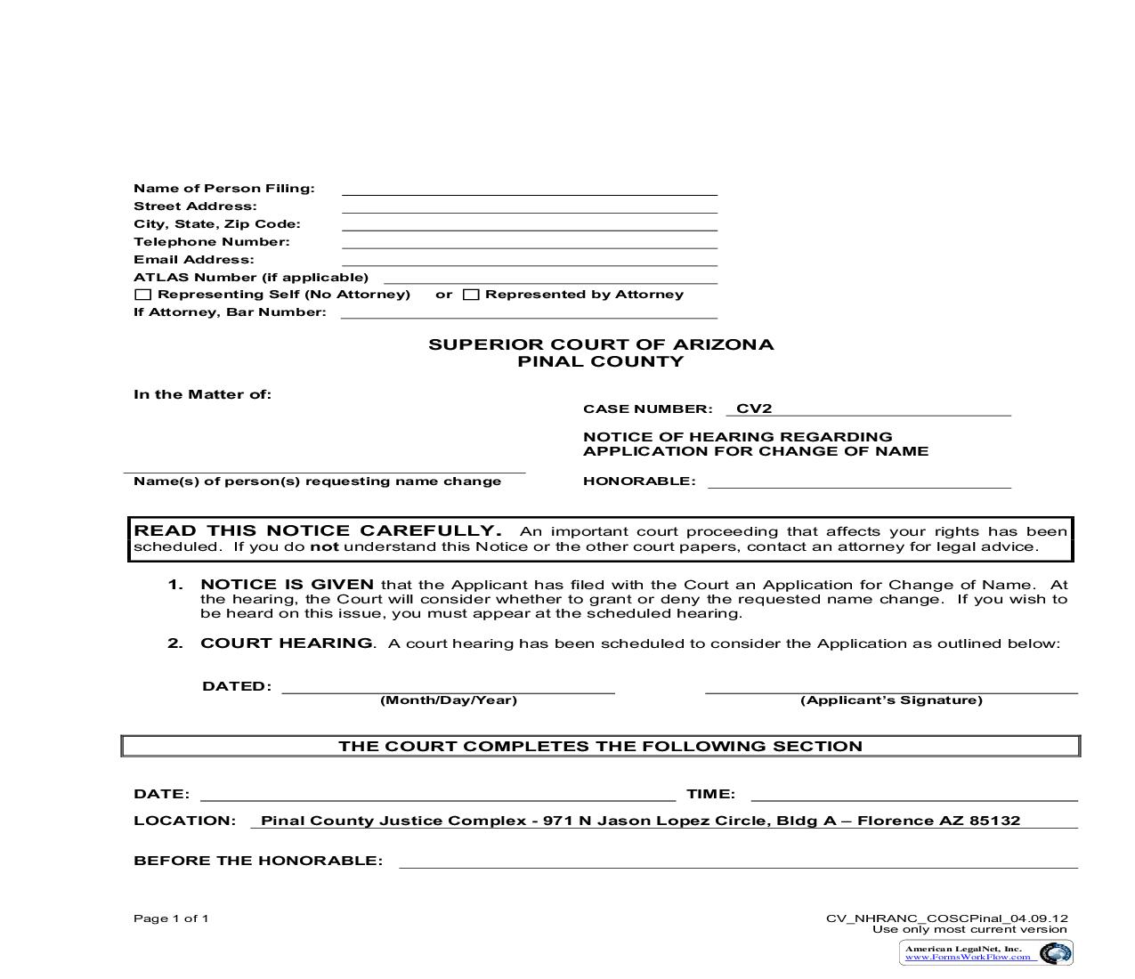 Notice Of Hearing Regarding Application For Change Of Name (With Minor Children) | Pdf Fpdf Doc Docx | Arizona