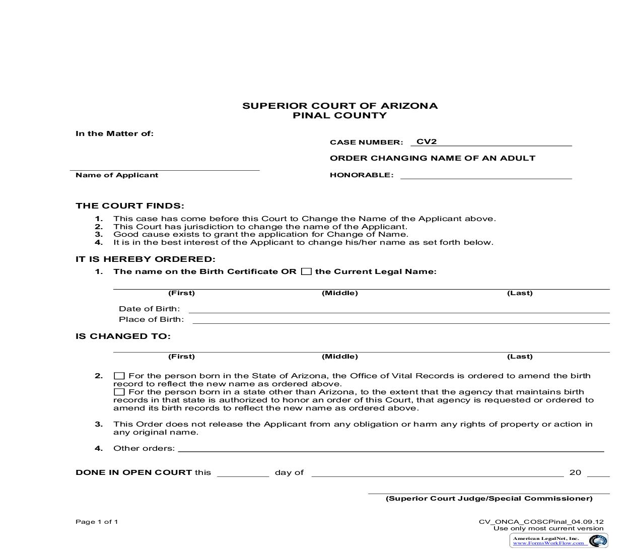 Order Changing Name Of Adult (No Minor Children) | Pdf Fpdf Doc Docx | Arizona