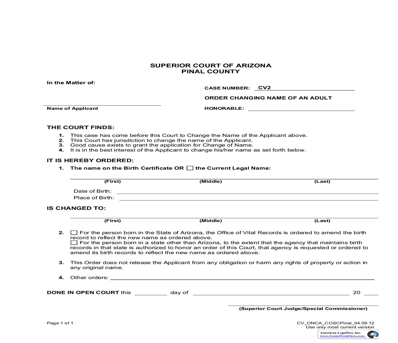 Order Changing Name Of Adult (With Minor Children) | Pdf Fpdf Doc Docx | Arizona
