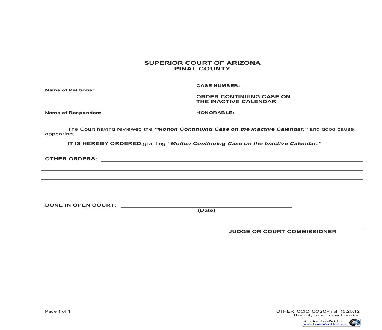 Order Continuing Case On The Inactive Calendar | Pdf Fpdf Doc Docx | Arizona