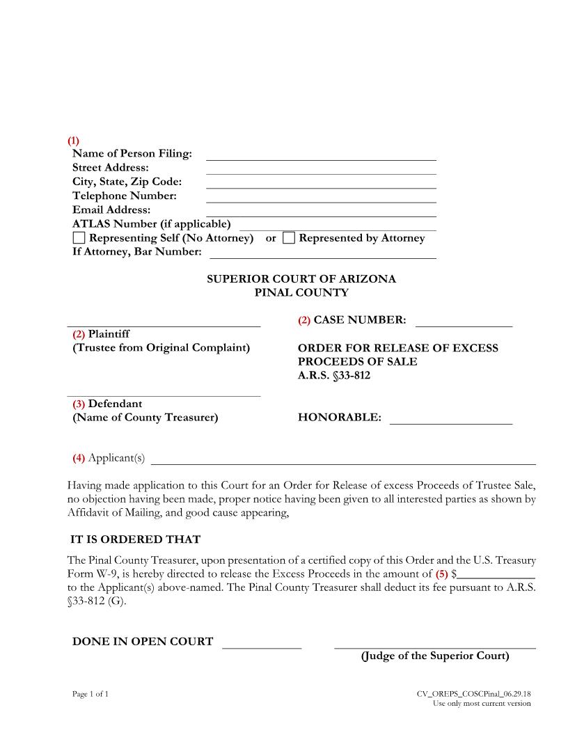 Order For Release Of Excess Proceeds Of Sale | Pdf Fpdf Doc Docx | Arizona