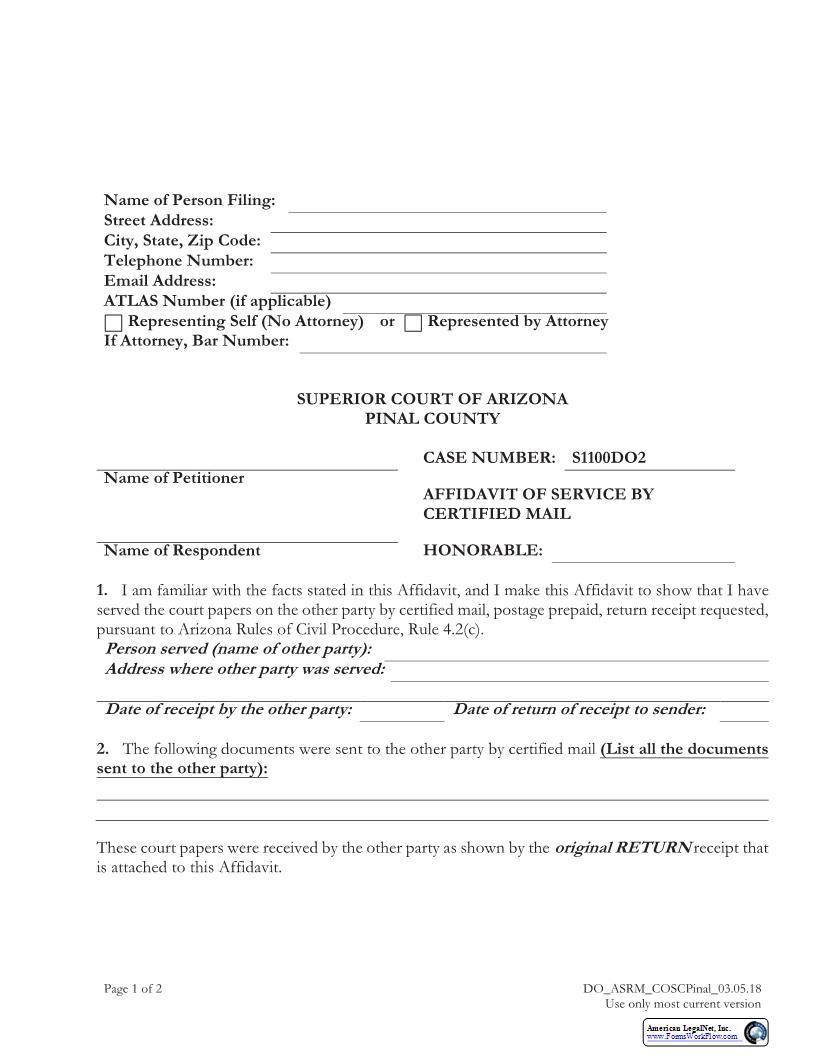 Affidavit Of Service By Certified Mail | Pdf Fpdf Docx | Arizona