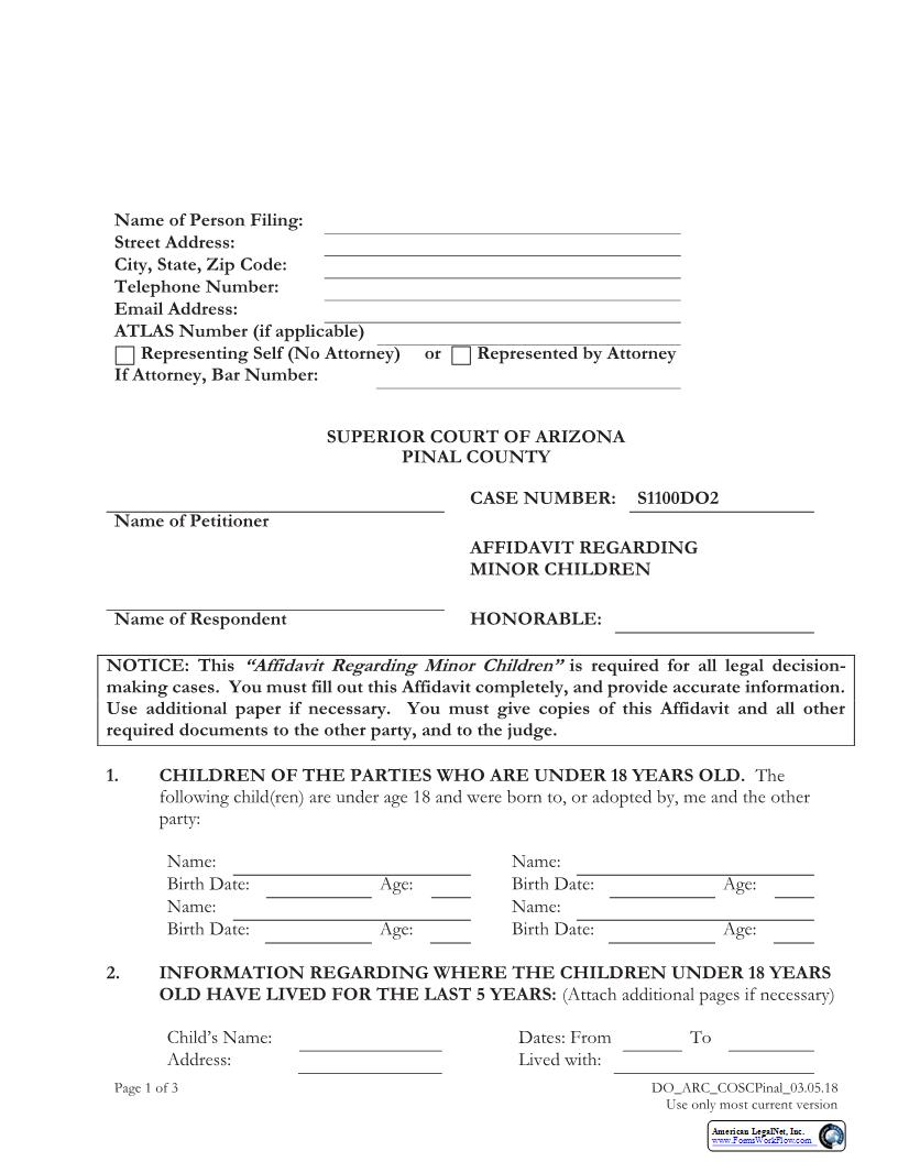 Affidavit Regarding Minor Children | Pdf Fpdf Docx | Arizona