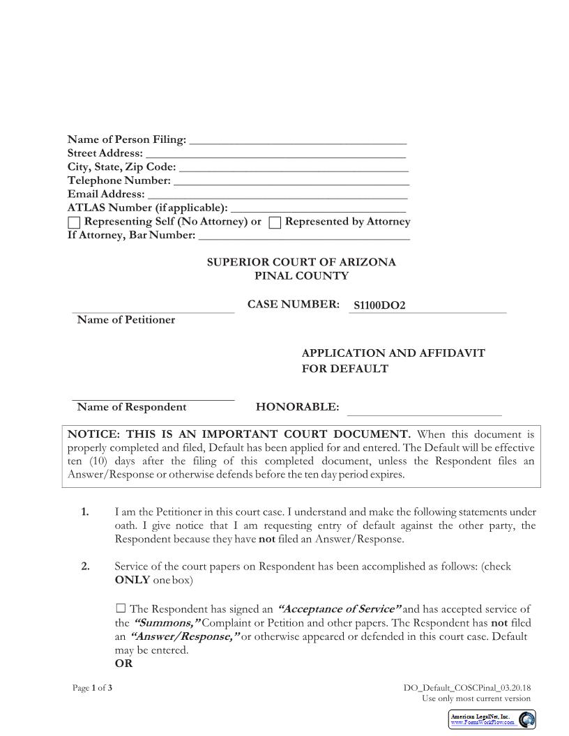 Application And Affidavit For Default | Pdf Fpdf Docx | Arizona