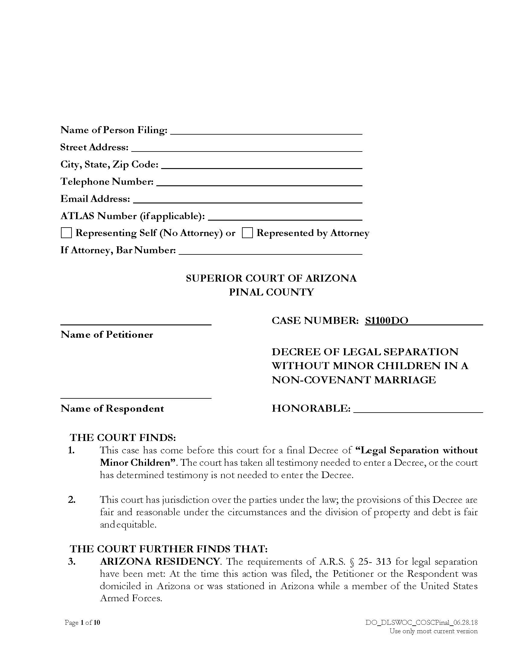 Decree Of Legal Separation Without Minor Children In A Non-Covenant Marriage | Pdf Fpdf Docx | Arizona