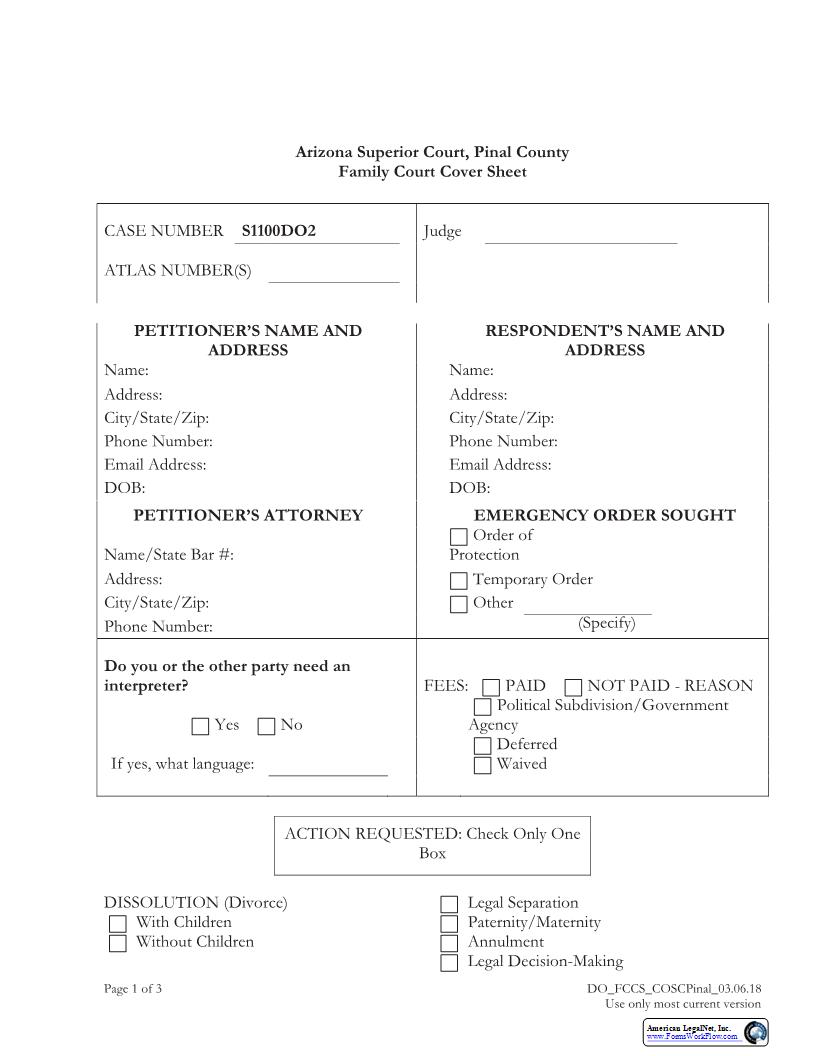 Family Court Cover Sheet | Pdf Fpdf Docx | Arizona