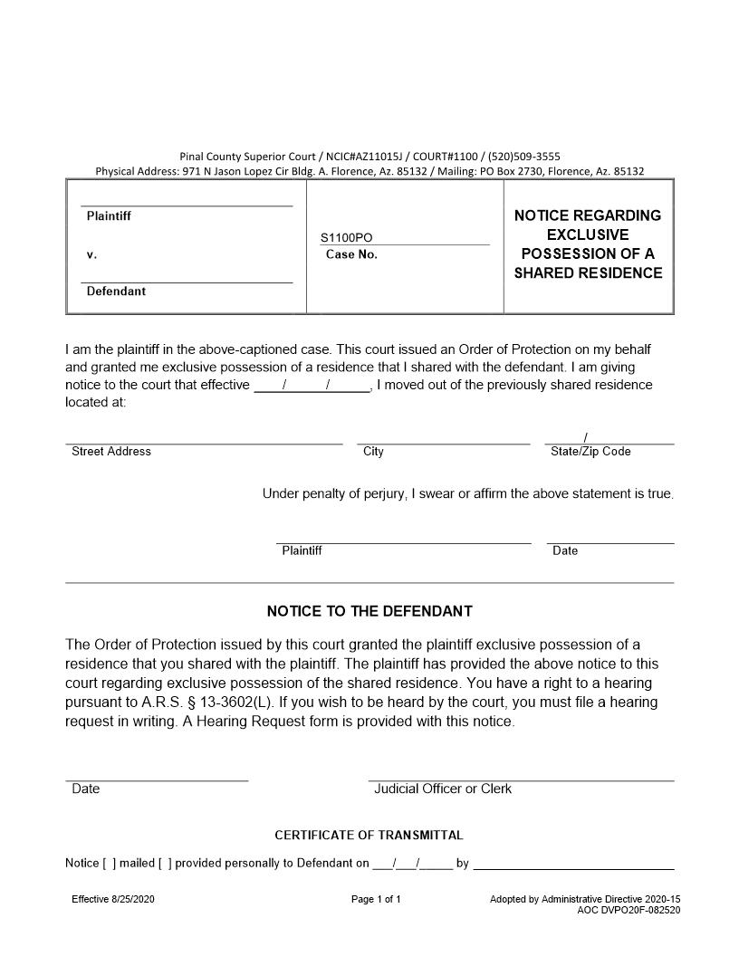 Notice Regarding Exclusive Possession Of A Shared Residence | Pdf Fpdf Docx | Arizona