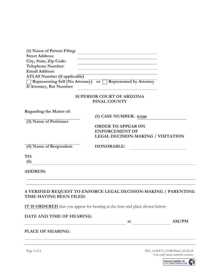 Order To Appear On Enforcement Of Legal Decision Making Or Visitation | Pdf Fpdf Docx | Arizona