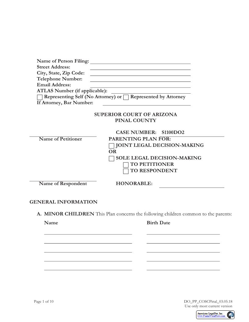 Parenting Plan For Joint Legal Decision Making With Joint Legal | Pdf Fpdf Docx | Arizona