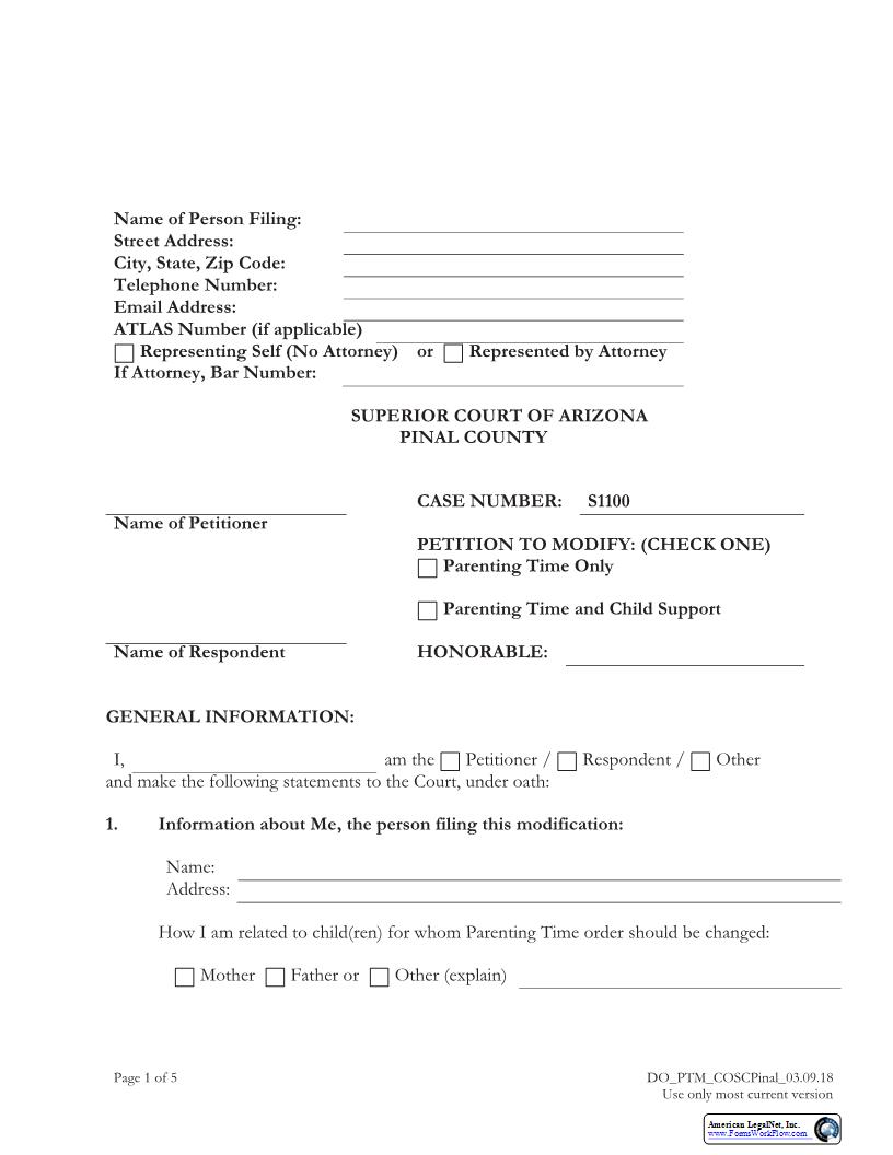 Petition To Modify Parenting Time Child Support | Pdf Fpdf Docx | Arizona