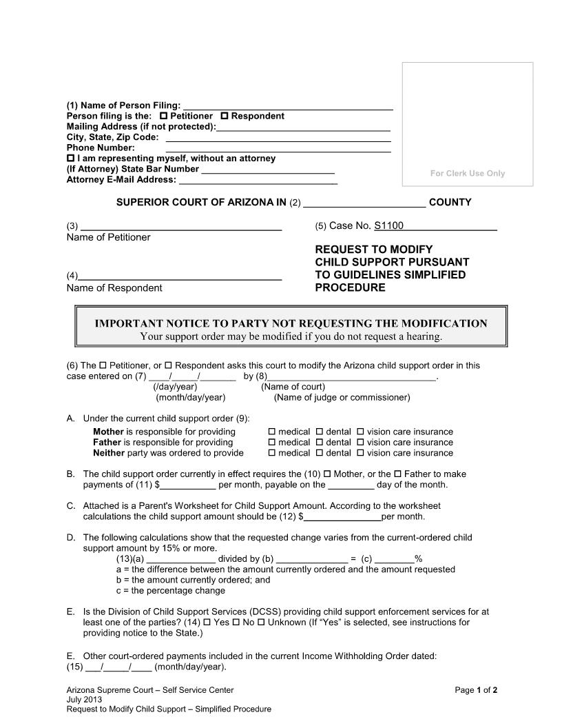 Request To Modify Child Support Pursuant To Guidelines Simplified | Pdf Fpdf Doc Docx | Arizona