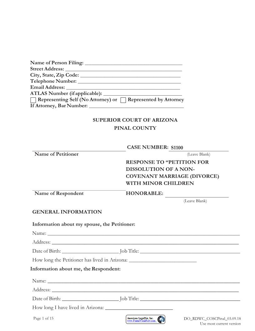 Response To Petition For Dissolution Of A Non Covenant | Pdf Fpdf Docx | Arizona