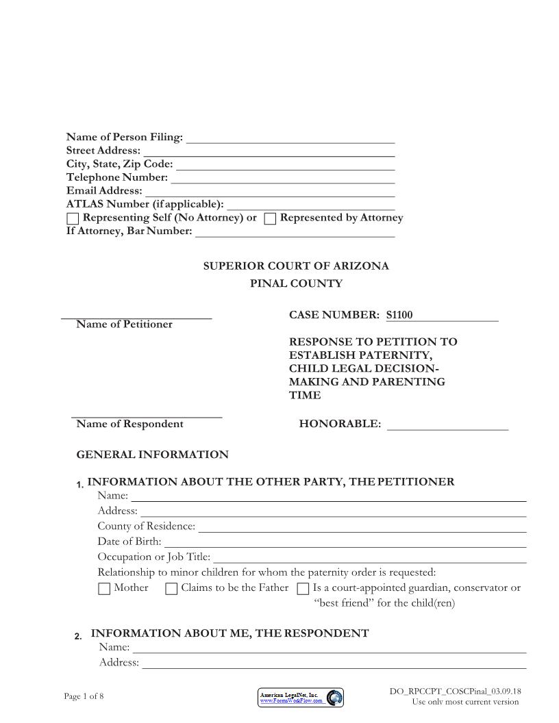 Response To Petition To Estabish Paternity Child Legal | Pdf Fpdf Docx | Arizona